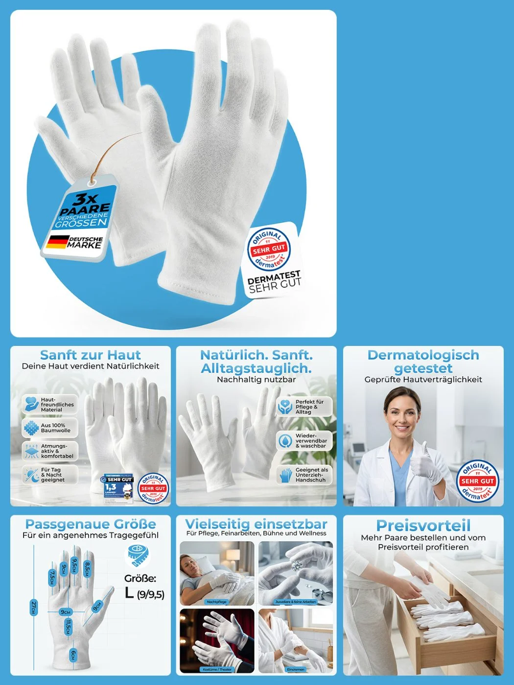 Amazon Produktbilder-Set für weiße Baumwoll-Pflegehandschuhe – dermatologisch getestet, komplettes Galerie-Set