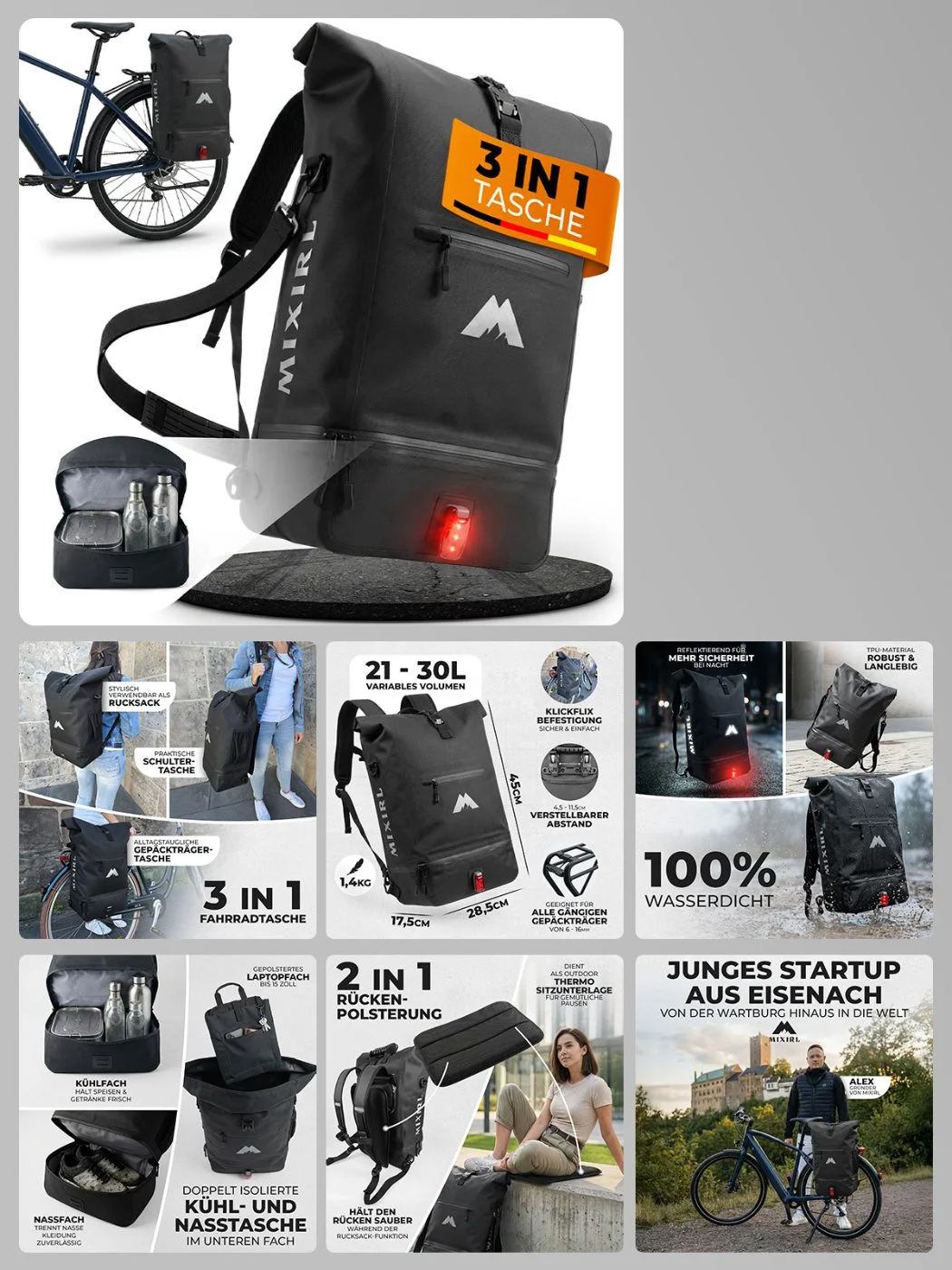 Amazon Produktbilder-Set für eine wasserdichte 3-in-1 Fahrradtasche und Rucksack