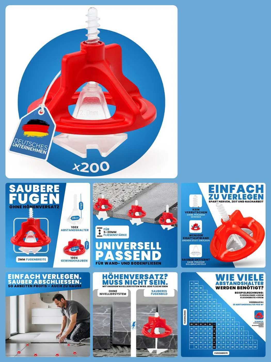 Amazon Produktbilder-Set für ein Fliesen-Nivelliersystem mit 200 Teilen zum Heimwerken