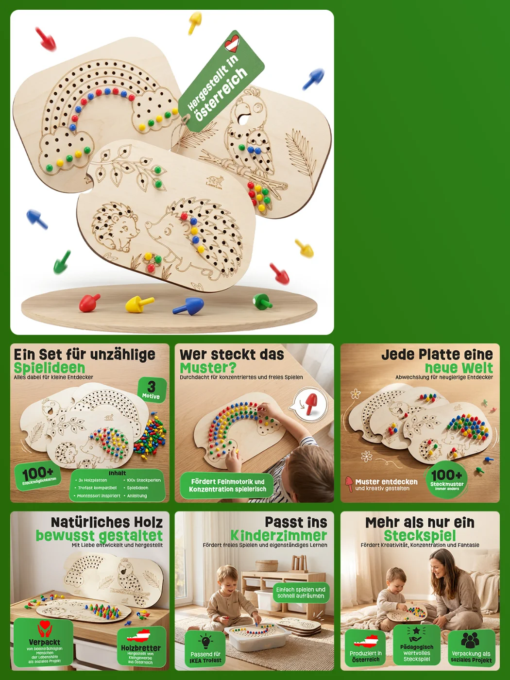 Amazon Produktbilder-Set für ein Montessori-Steckspiel aus Holz mit drei Motivplatten und Steckperlen