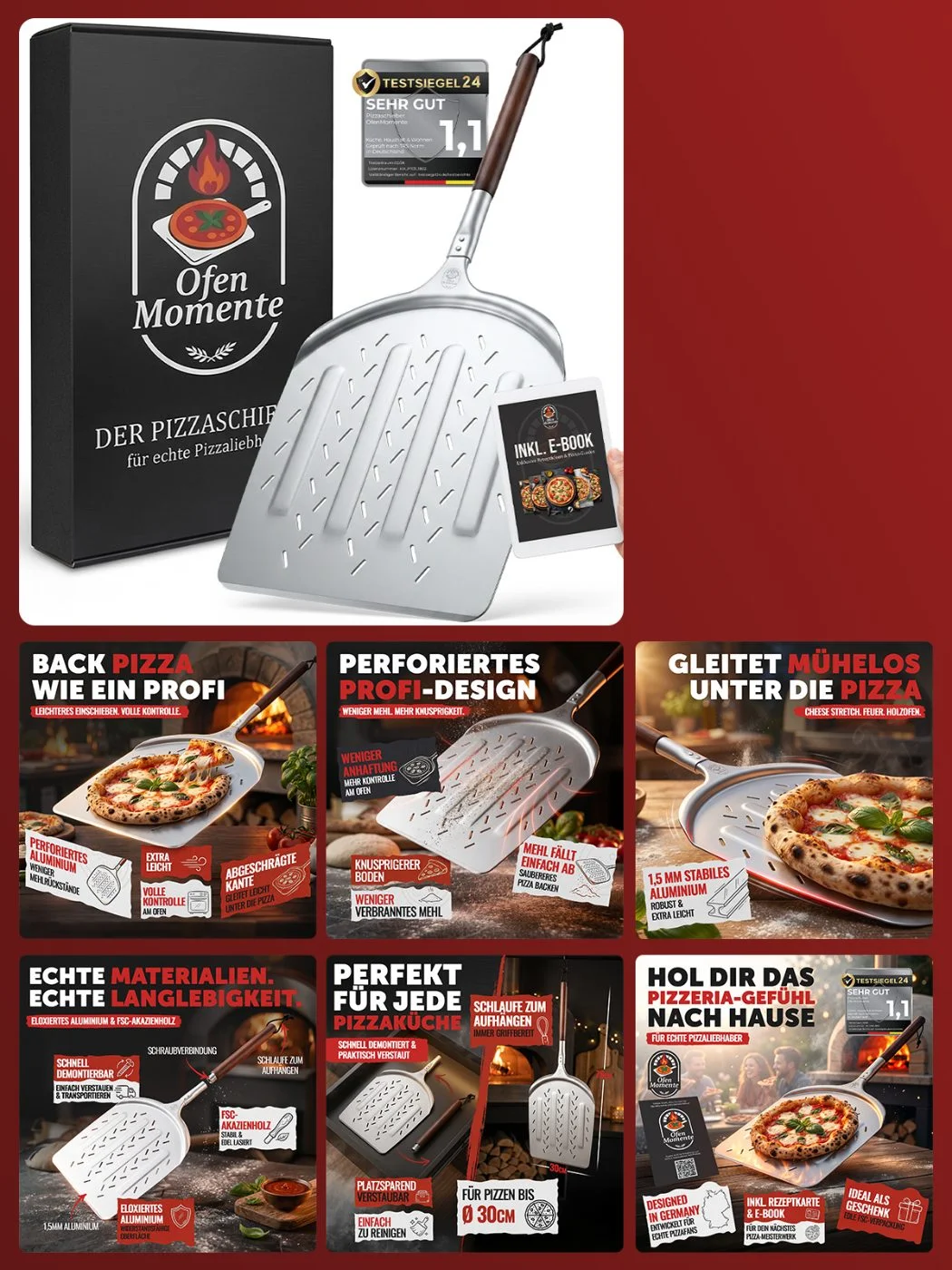 Amazon Produktbilder-Set für einen perforierten Aluminium-Pizzaschieber mit Holzgriff