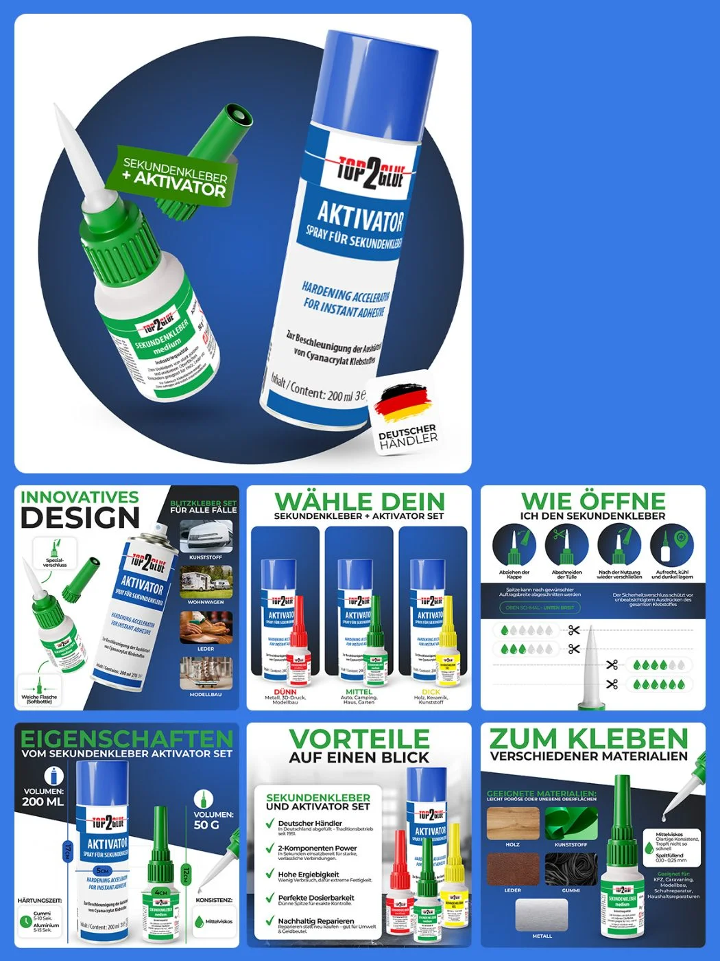 Amazon Produktbilder-Set für ein Sekundenkleber- und Aktivator-Set zum Heimwerken