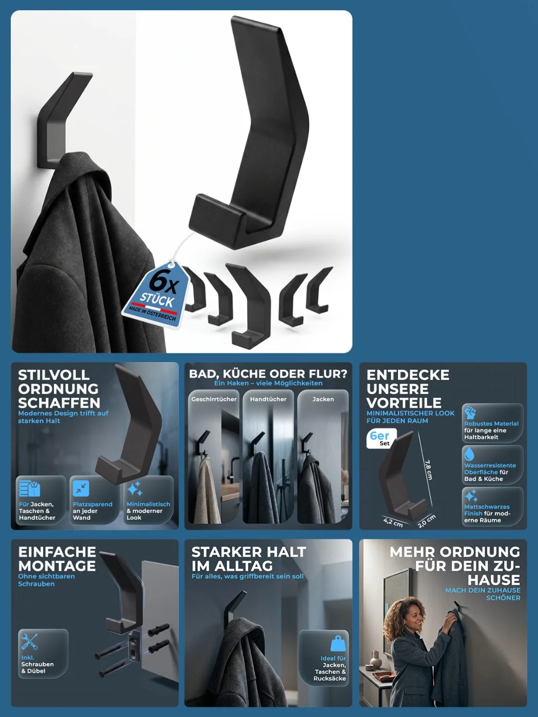 Amazon Produktbilder-Set für mattschwarze Wandhaken im 6er-Set für Bad, Küche und Flur