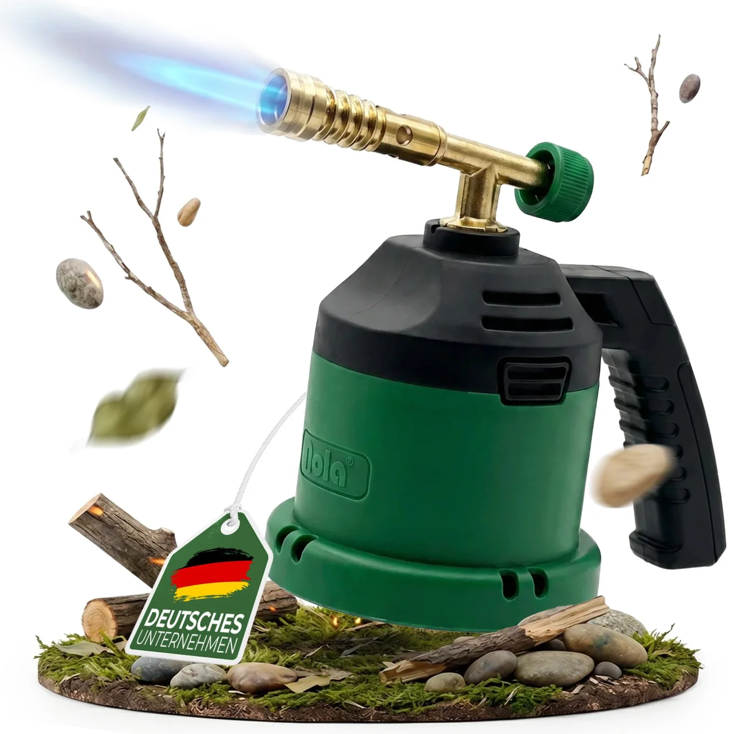 Amazon Titelbild eines grünen Profi-Bunsenbrenners mit blauer Flamme auf Naturuntergrund