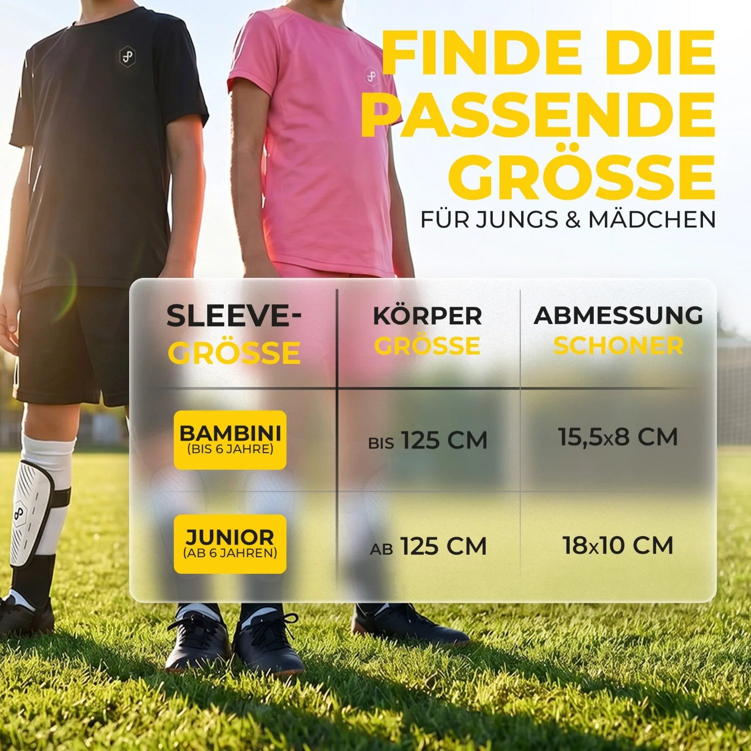 Amazon Infografik-Produktbild einer Größentabelle für Kinder-Schienbeinschoner mit Sleeve-Größen