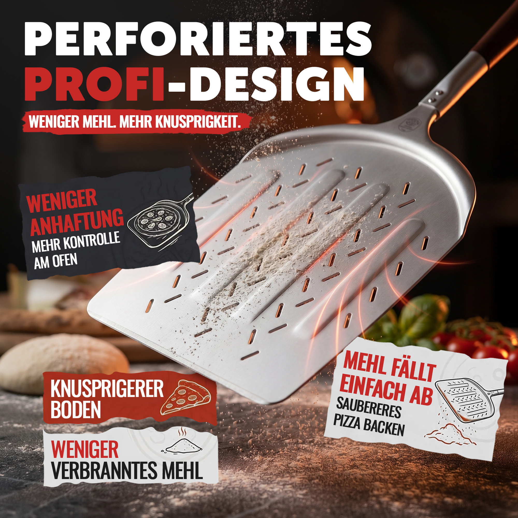 Amazon Infografik-Produktbild eines perforierten Aluminium-Pizzaschiebers im Profi-Design