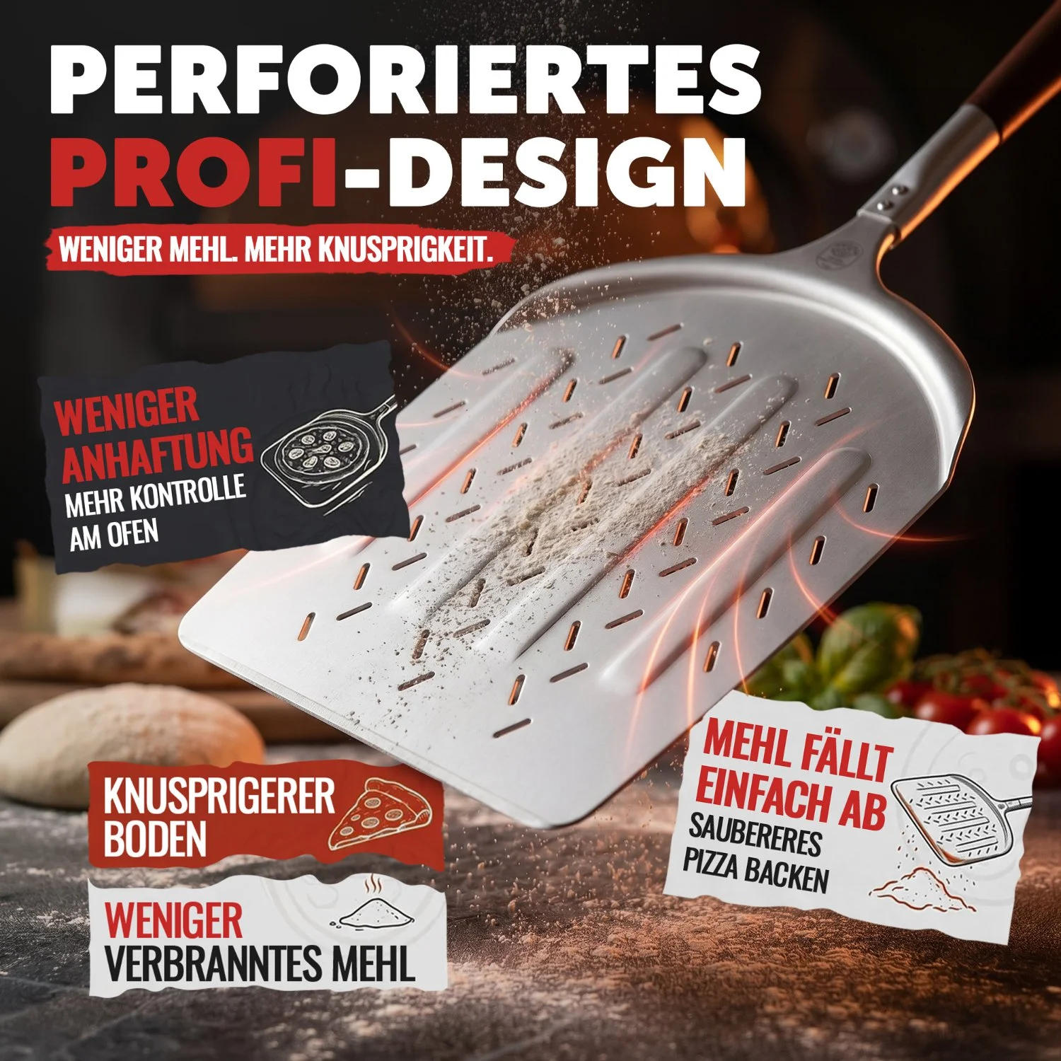 Amazon Infografik-Produktbild eines perforierten Aluminium-Pizzaschiebers im Profi-Design